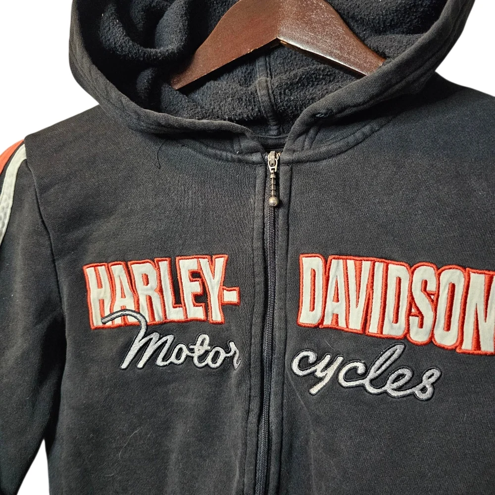 Harley-Davidson "Motorcycles" Full Zip Hoodie Sweatshirt - Black with Orange - Picture 3 of 5